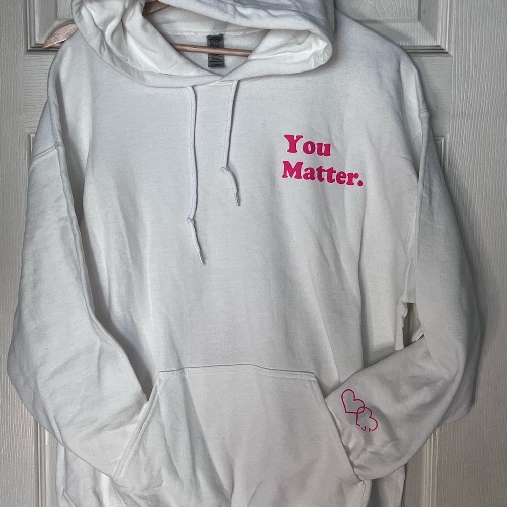 White Hoodie with Pink Text